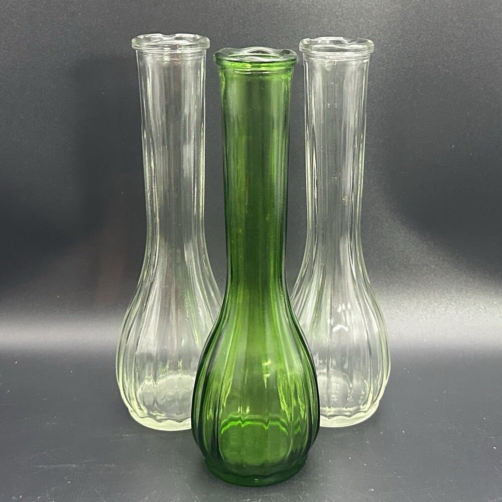 VTG Ribbed Glass Bud Vases Set 3 Emerald Green Clear MCM Florist Wedding Decor